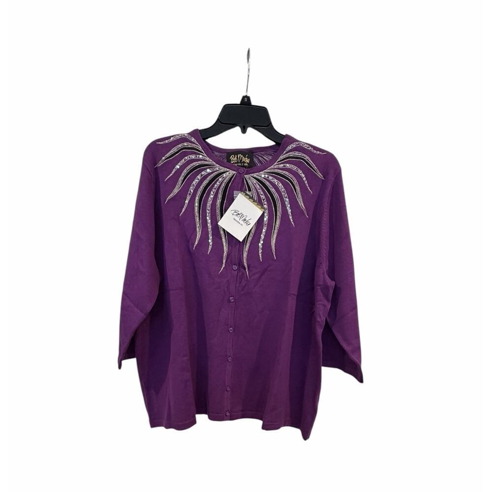 Bob Mackie Cardigan 2X Purple Silver Embroidered Beaded Sequins Wearable Art NWT